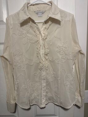 Vivienne Tam Cream Ruffle Front Floral Applique Button-Down